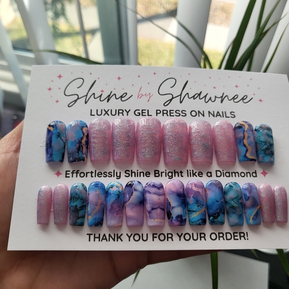 Handmade Luxury Press-On Nails | Sturdy & Reusable | PINK OCEAN - Picture 3 of 7